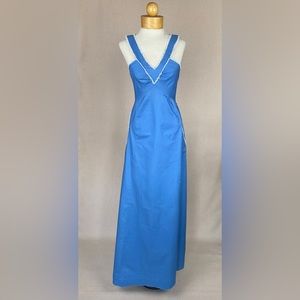 VINTAGE Handmade Hippie Maxi Dress XS w/ White Trim and Pockets! Cornflower Blue